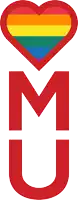 a red letter u with a rainbow heart on top of it