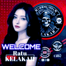 a woman is standing in front of a sign that says welcome ratu kelakar