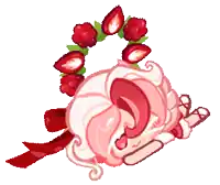 a cartoon character with pink hair and a wreath of strawberries on her head