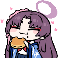 a cartoon of a girl eating a donut with hearts around her head