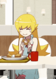 a girl sitting at a table with a plate of food and a cup of coffee