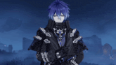 a cartoon character with blue hair is standing in the rain