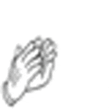 a black and white drawing of a praying hand with a ring on a white background .