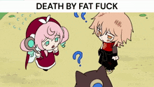 a cartoon drawing of a girl with the words death by fat fuck below her