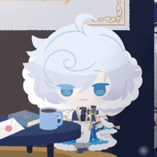a cartoon character sitting at a table with a cup of coffee and a book