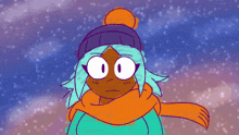 a cartoon character with a scarf around her neck and a hat