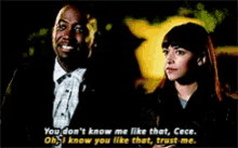 a man and a woman are standing next to each other and the man says " you don t know me like that "