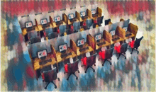 a painting of a row of cubicles with computers and chairs with the letters cx on them