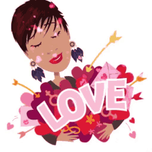 a woman is holding a heart with the word love surrounded by hearts and arrows