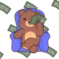 a teddy bear is sitting in a chair holding money