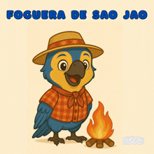a cartoon of a bird wearing a plaid shirt and a straw hat with the words foguera de sao jao below it