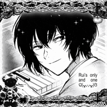 a black and white drawing of a person with the words " rui 's only and one " on the bottom