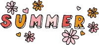 the word summer is surrounded by pink and orange flowers and hearts