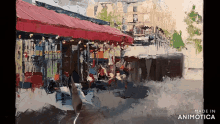a painting of a building with a red awning is made in animotica