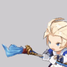 a cartoon character with blonde hair is holding a blue cloth