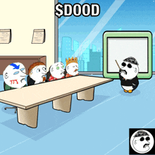 a cartoon of a group of people sitting around a table with the words $ dood written above them
