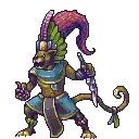 a pixel art drawing of a lion holding a knife and a feathered headdress .