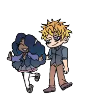 a boy and a girl are standing next to each other and holding hands