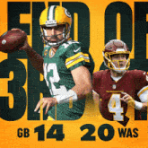 a green bay packers player is holding a football next to a washington football player
