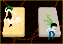 a cartoon drawing of a girl and a boy with a green snake on their heads