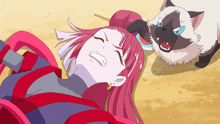 a cartoon drawing of a girl with red hair and a cat