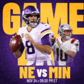 a poster for a game between the vikings and the patriots