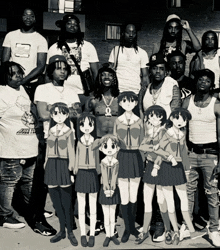 a group of people are posing for a picture and one of them is wearing a shirt that says ny