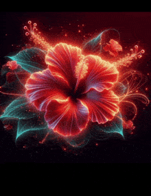 a glowing red flower with green leaves on a black background