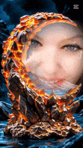 a statue of a woman 's face is surrounded by lava and rocks