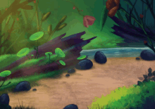 a painting of a river surrounded by rocks and grass