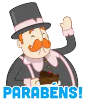 a cartoon of a man with a mustache and top hat holding a piece of chocolate cake