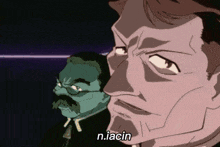 a man with glasses and a mustache says n.iacin in front of another man
