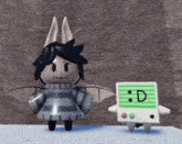 a cartoon character with bat wings is standing next to a cartoon character with a green screen that says : d .
