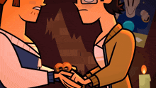 a cartoon drawing of two men holding hands with a candle in the background