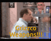 a man standing in front of a shelf with the words grizzlco weapons on it