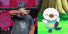 a boy wearing a shirt that says together next to a picture of a cartoon otter