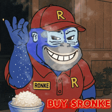 a cartoon of a gorilla wearing a red shirt that says ronke on it