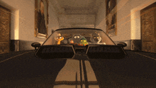 a group of cartoon characters are driving down a road