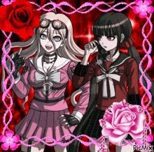 two anime girls are standing next to each other with a pink rose in the middle