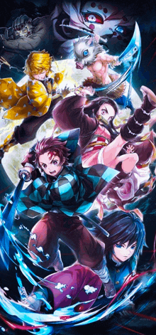 a group of anime characters are standing next to each other in front of a crescent moon .