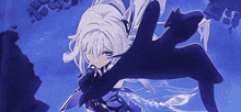 a girl with white hair is holding a sword in her hand and a sword in her mouth .