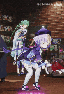 a girl with purple hair is standing in front of a shelf with a sign that says ssa th