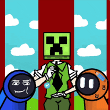 a drawing of a man with a creeper head standing next to two other cartoon characters