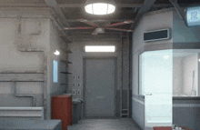a hallway with a ceiling fan and a sign that says ' emergency exit '