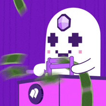 a cartoon of a ghost holding a bunch of money and a purple coin