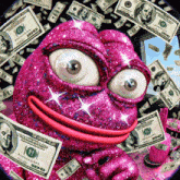 a pink frog surrounded by hundred dollar bills with the number 10 on them