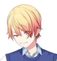 a close up of a boy with blonde hair wearing a blue vest and a blue shirt .
