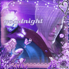 a purple greeting card with a man and the words goodnight