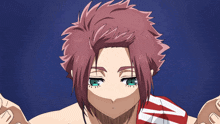 a drawing of a shirtless anime character with red hair and green eyes