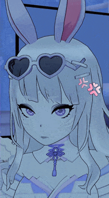 a drawing of a girl with bunny ears and heart shaped sunglasses